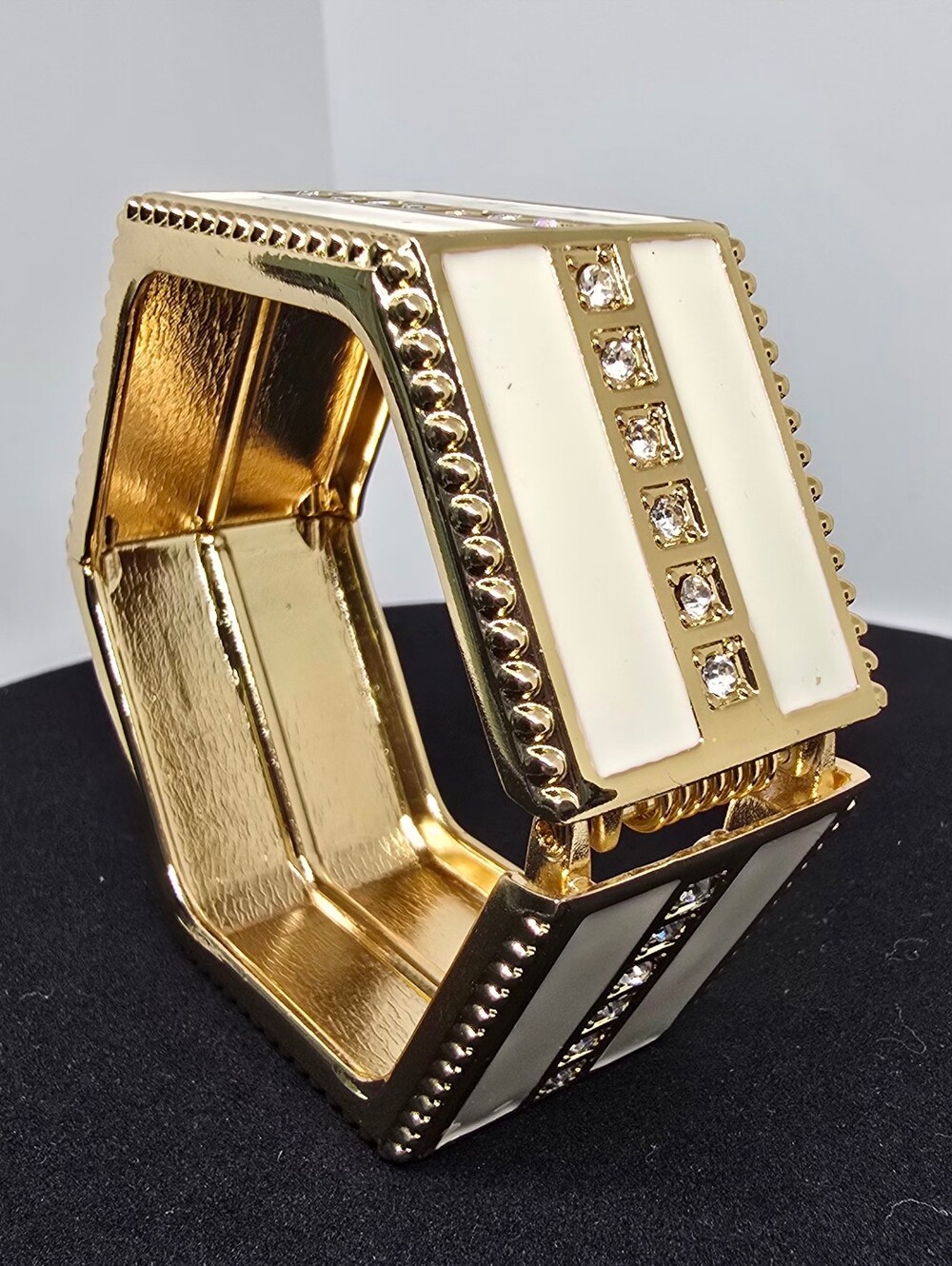 Gold Tone White Enamel Clamp Bracelet with Crystal Accents